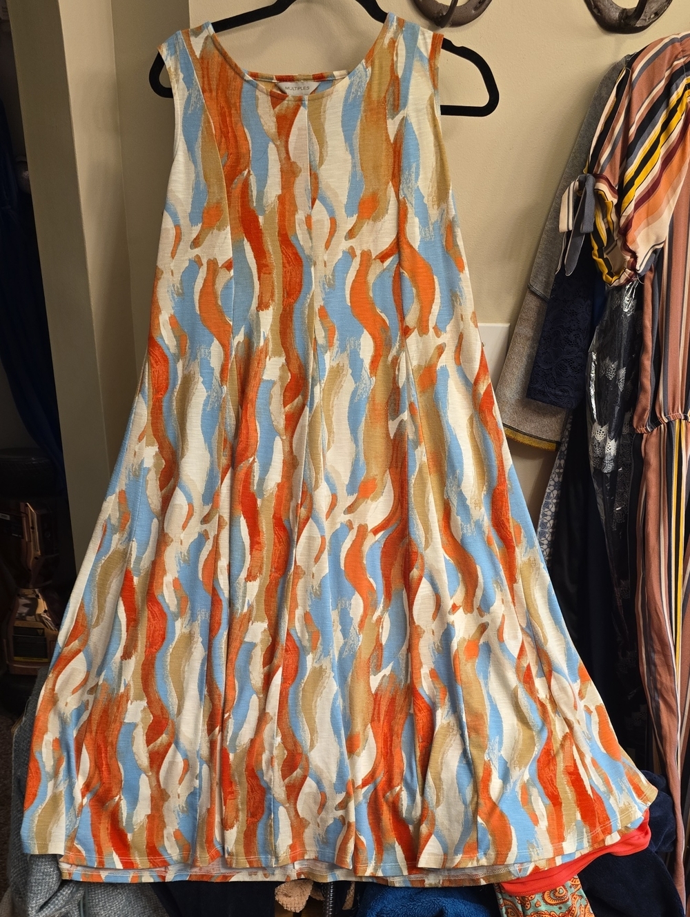 Multiples A-Line Wave-Print Skirt in Orange, Blue & Cream